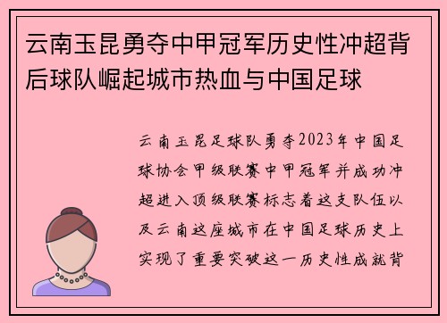 云南玉昆勇夺中甲冠军历史性冲超背后球队崛起城市热血与中国足球